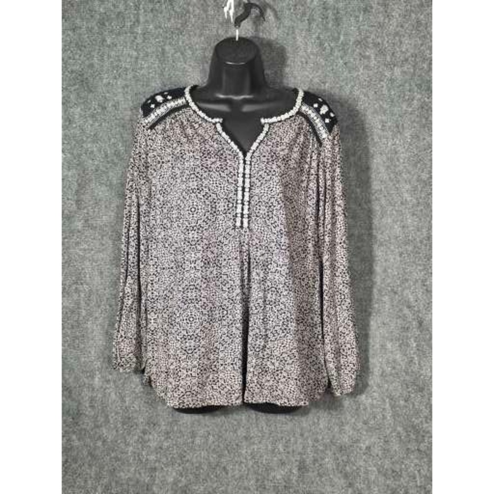 Lucky Brand Women Black White Geometric Embroidered Peasant Top 2X Boho Chic